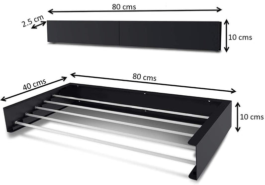 Foldwell Metal Rust Free Clothes Drying Rack - Wall Mounting | Folding Collapsible Space Saver Cloth Drying Stand for Drying |Color: White & Black | Size: 80cm or 100cm