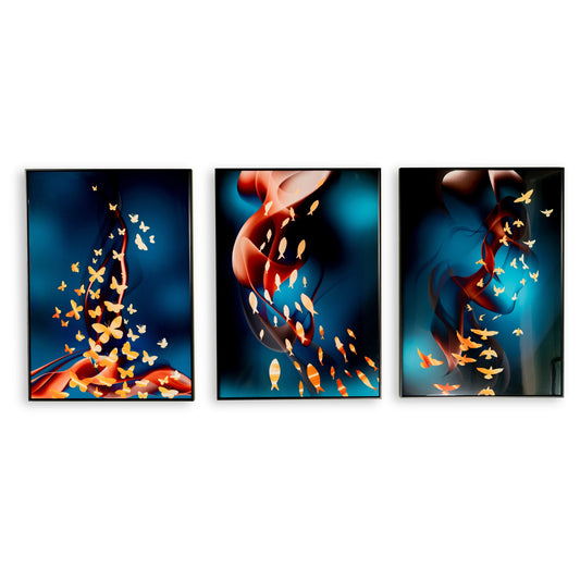 Fishes & Butterfly Blue Black frame Set of 3 Frames