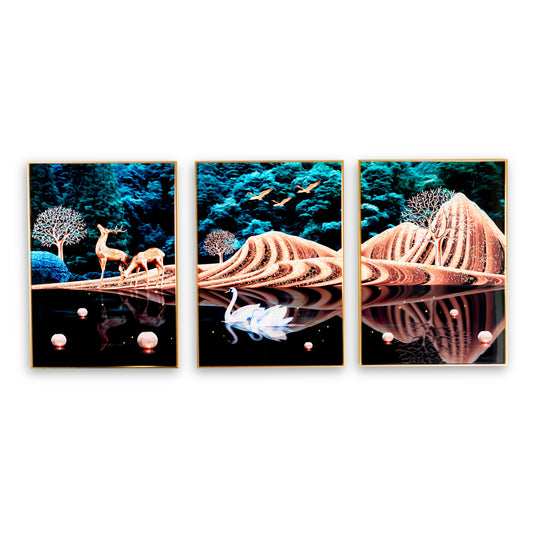 Two Deers on Lake in Forest with Swan