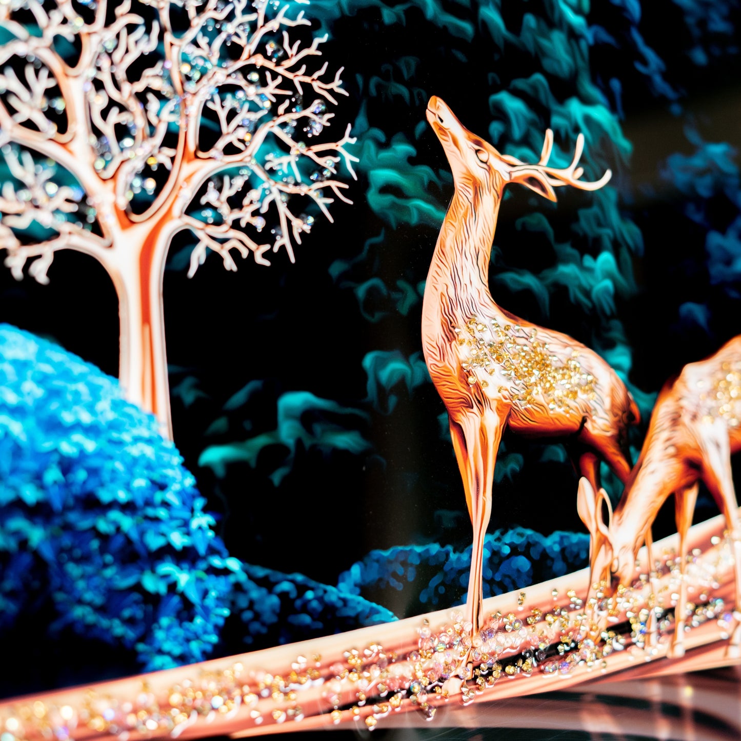 Two Deers on Lake in Forest with Swan