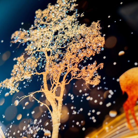 Three Deers Tree with Moon flying Birds