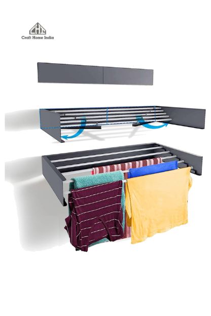 Sky Ventures Foldwell Metal Rust Free Clothes Drying Rack - Wall Mounting | Folding Collapsible Space Saver Cloth Drying Stand for Drying