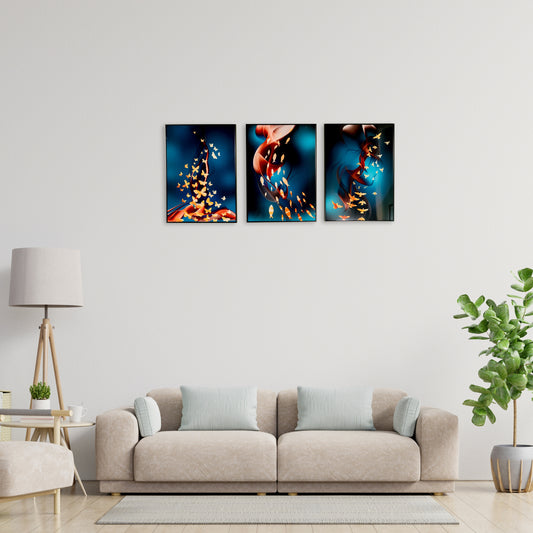 Fishes & Butterfly Blue Black frame Set of 3 Frames