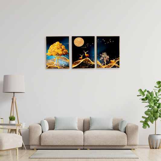 Three Deers Tree with Moon flying Birds