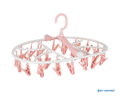32 Clips Cloth Drying Hanger Oval 360 Degree Portable & Rotatable Foldable for Small Clothes Drying Rack Space Saving Travel Clips, Clothesline Hanging Socks Laundry Drying Hanger Rack