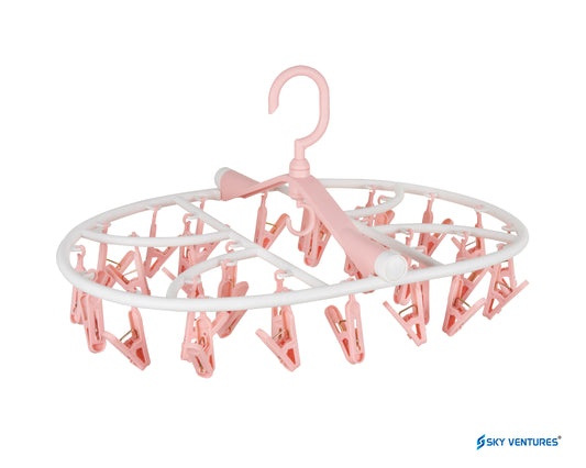 32 Clips Cloth Drying Hanger Oval 360 Degree Portable & Rotatable Foldable for Small Clothes Drying Rack Space Saving Travel Clips, Clothesline Hanging Socks Laundry Drying Hanger Rack