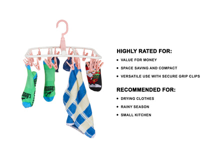 24 Clips Cloth Drying Hanger 360 Degree Portable & Rotatable Foldable for Small Clothes Drying Rack Space Saving Travel Clips, Clothesline Hanging Socks Laundry Drying Hanger Rack