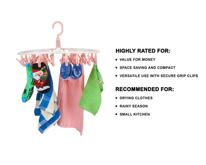 32 Clips Cloth Drying Hanger Oval 360 Degree Portable & Rotatable Foldable for Small Clothes Drying Rack Space Saving Travel Clips, Clothesline Hanging Socks Laundry Drying Hanger Rack