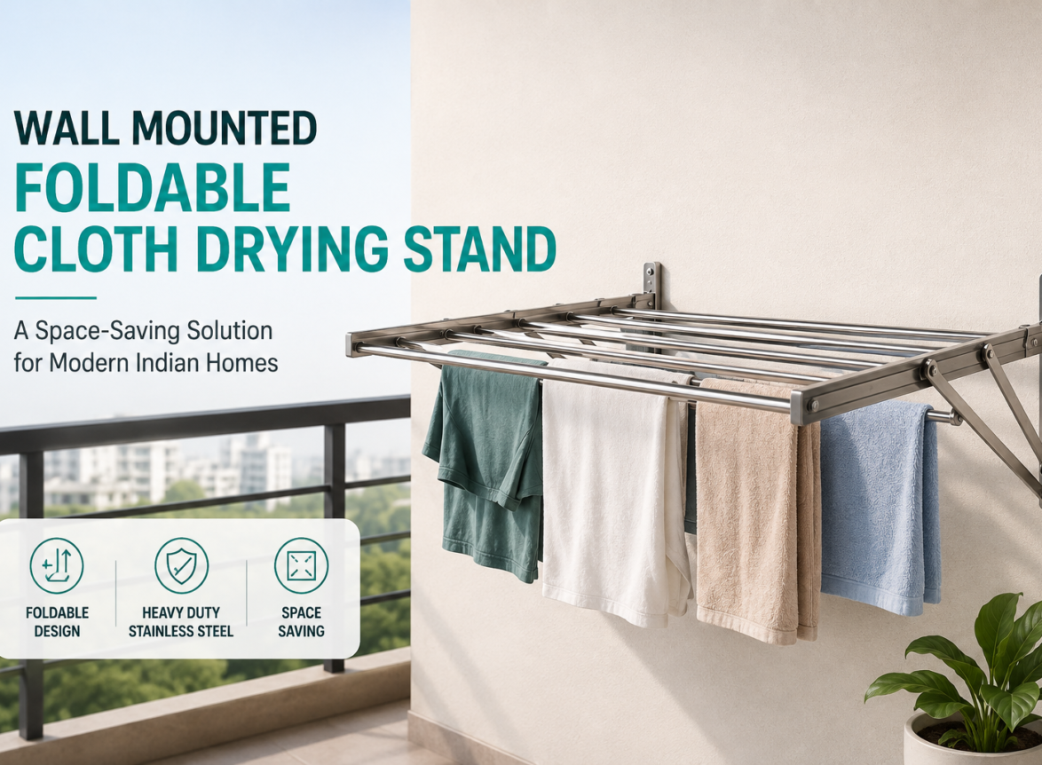 Wall mounted foldable cloth drying stand for balcony with stainless steel frame and clothes.