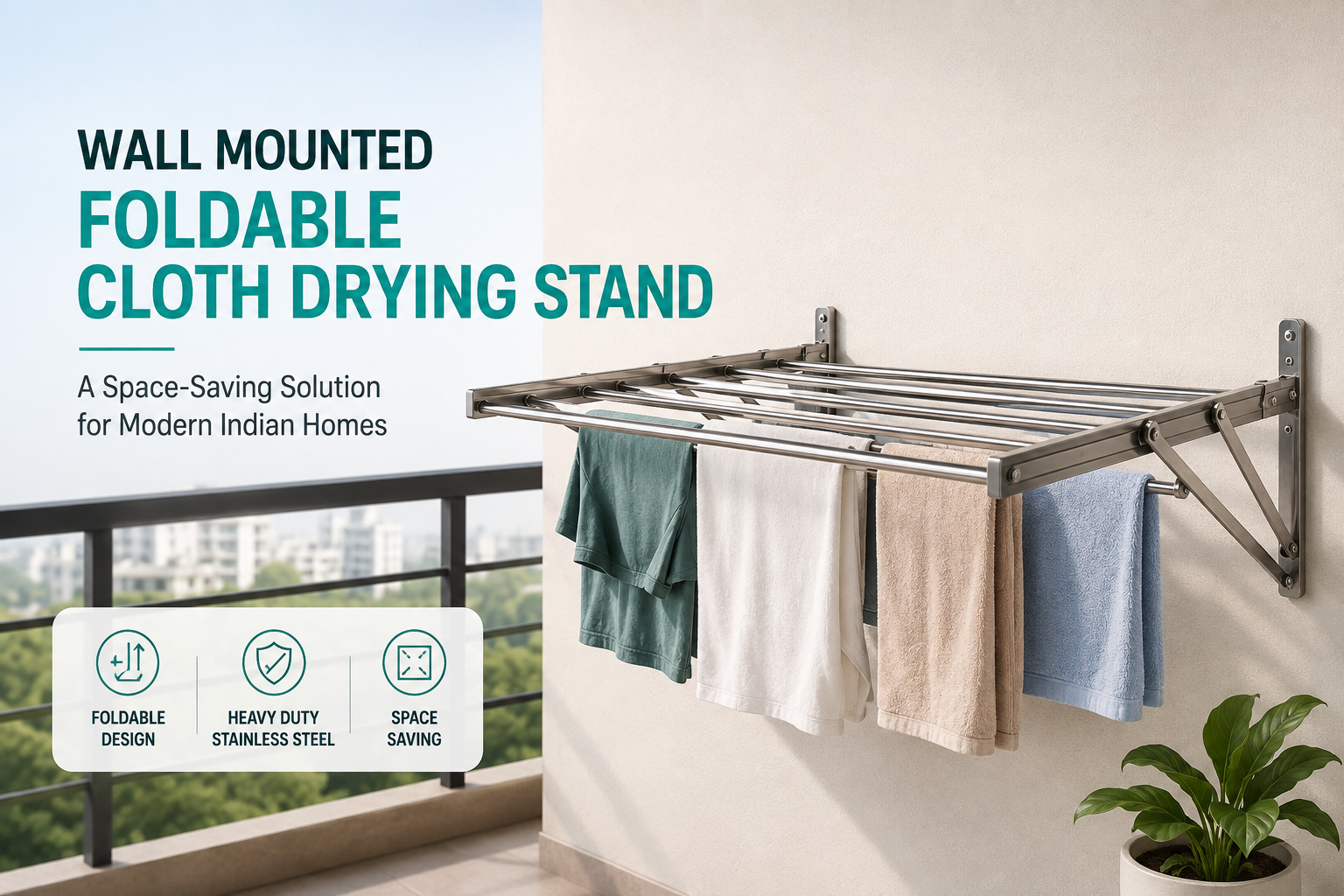 Wall mounted foldable cloth drying stand for balcony with stainless steel frame and clothes.
