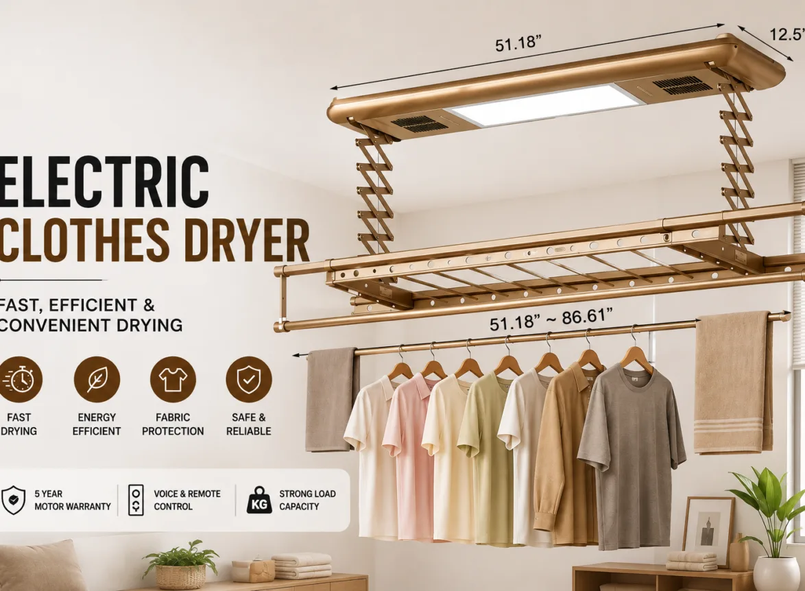 Electric clothes dryer with ceiling-mounted drying rack and hanging clothes in a modern home