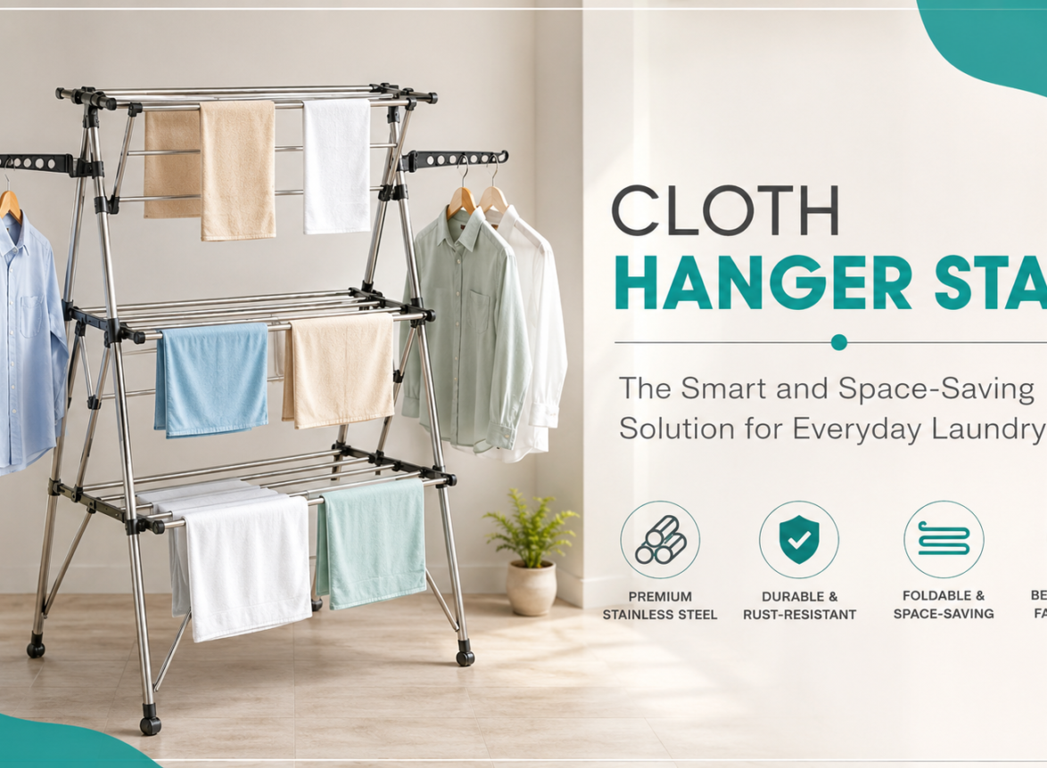 Premium stainless steel cloth hanger stand with foldable design for space-saving clothes drying in a modern home interior.