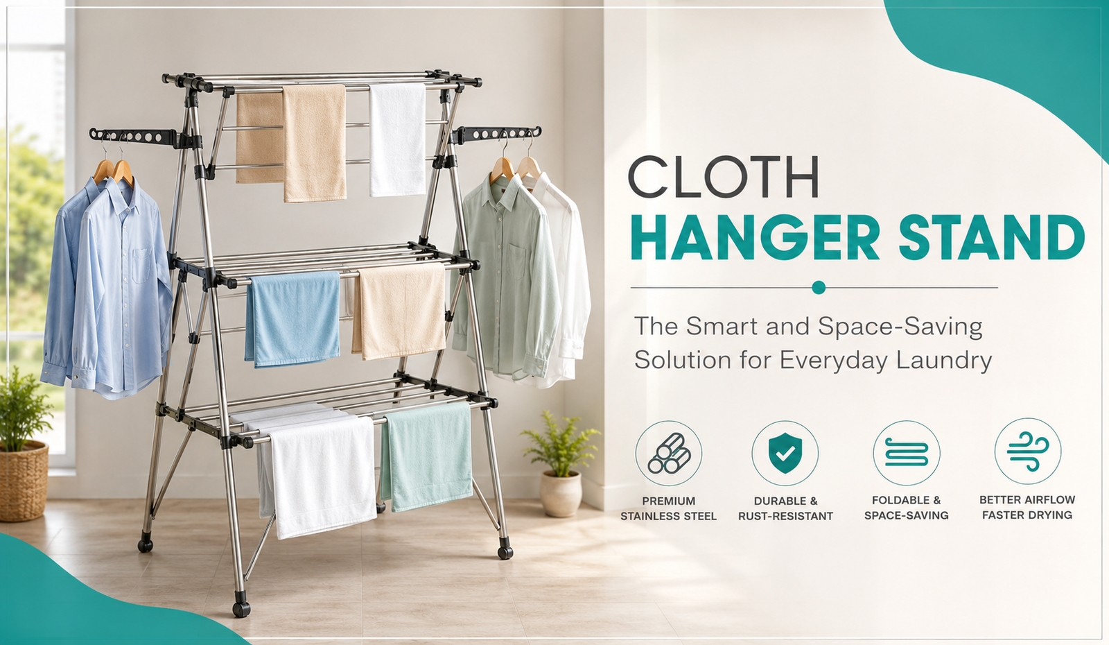 Premium stainless steel cloth hanger stand with foldable design for space-saving clothes drying in a modern home interior.