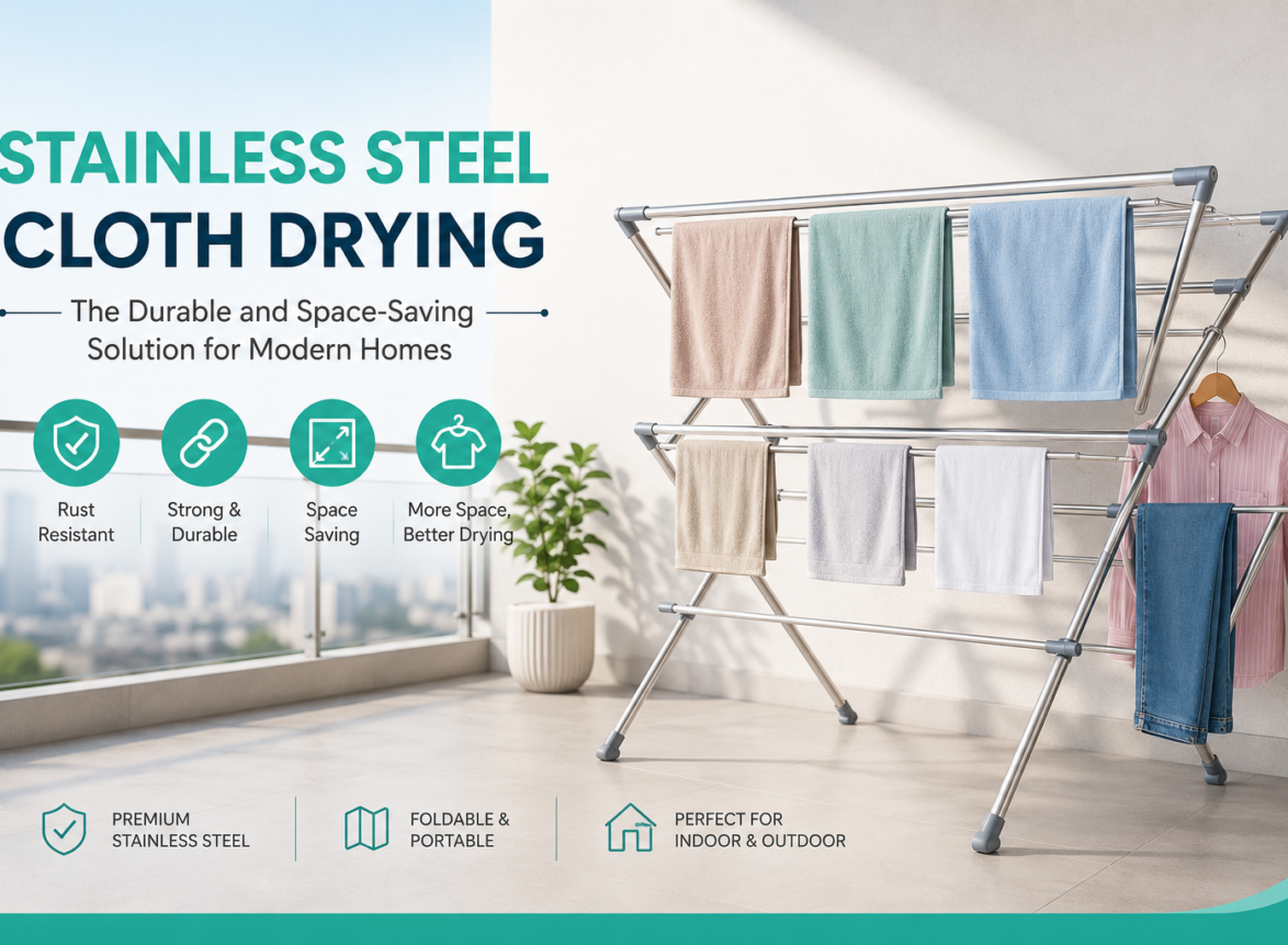 Premium stainless steel cloth drying stand with multiple drying rods placed on a modern balcony, showcasing a durable, rust-resistant, and space-saving laundry drying solution for homes.