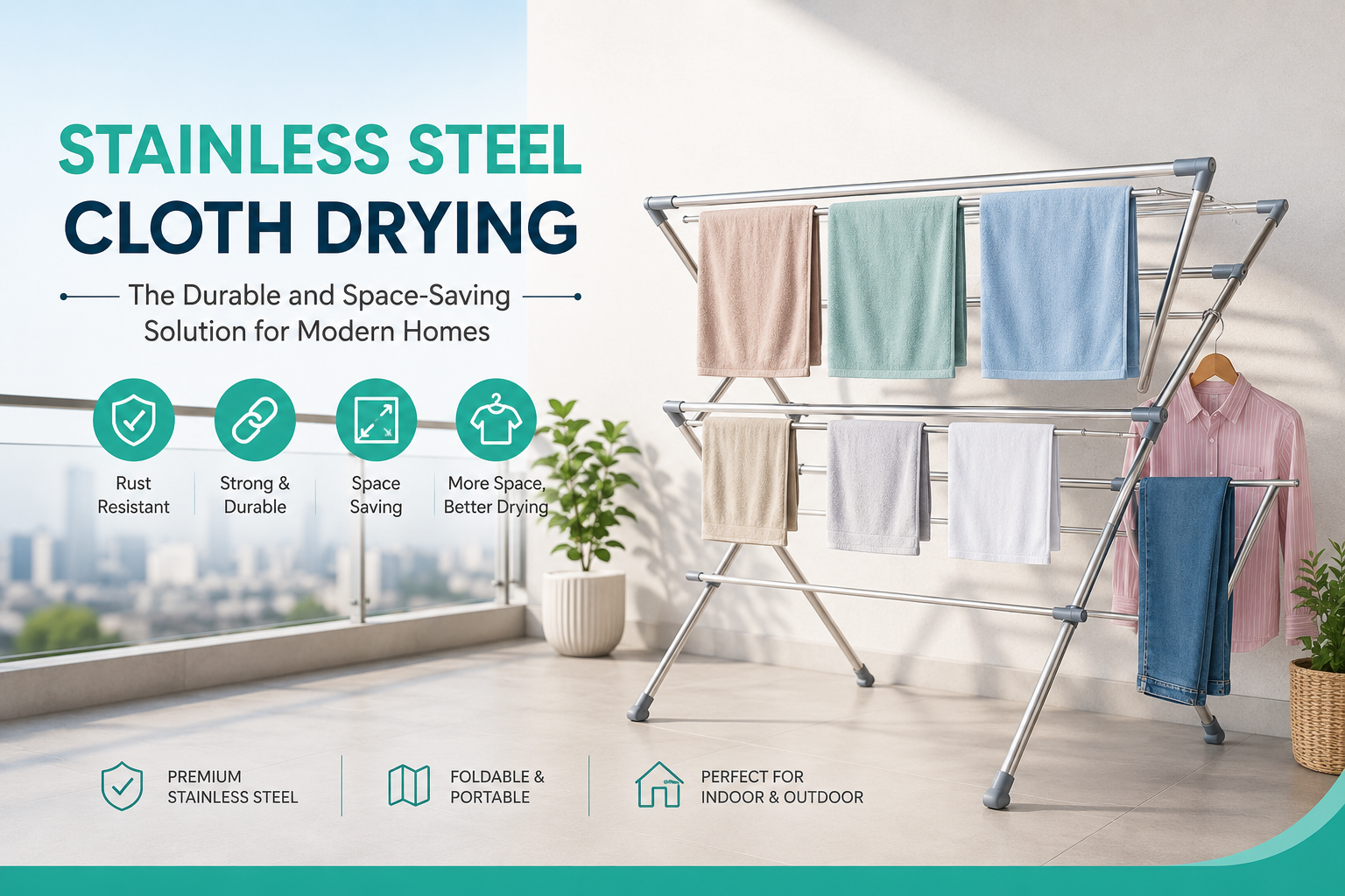 Premium stainless steel cloth drying stand with multiple drying rods placed on a modern balcony, showcasing a durable, rust-resistant, and space-saving laundry drying solution for homes.