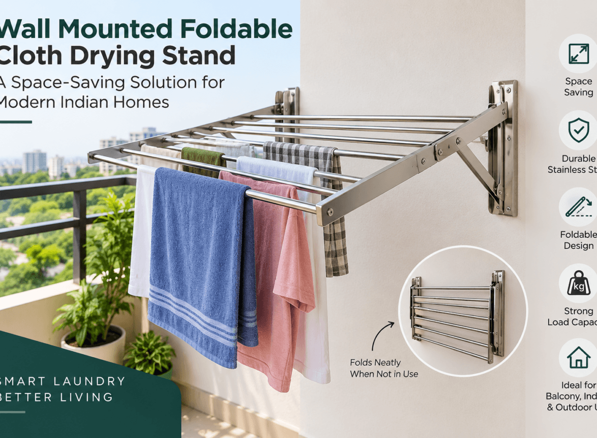 Wall mounted foldable cloth drying stand installed on a balcony