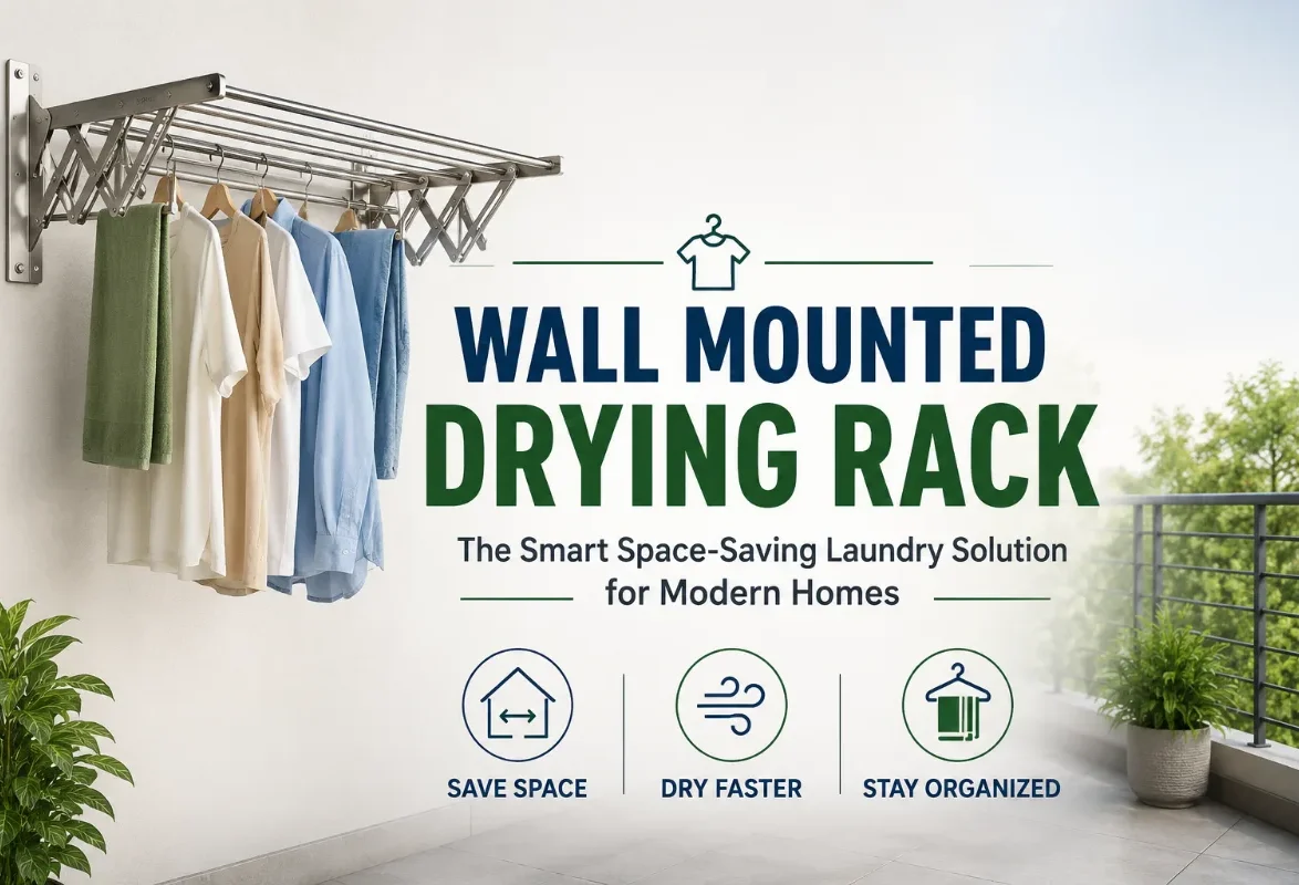 Wall mounted drying rack with clothes in a modern home