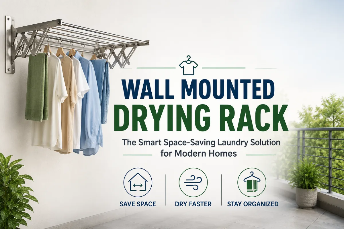 Wall mounted drying rack with clothes in a modern home