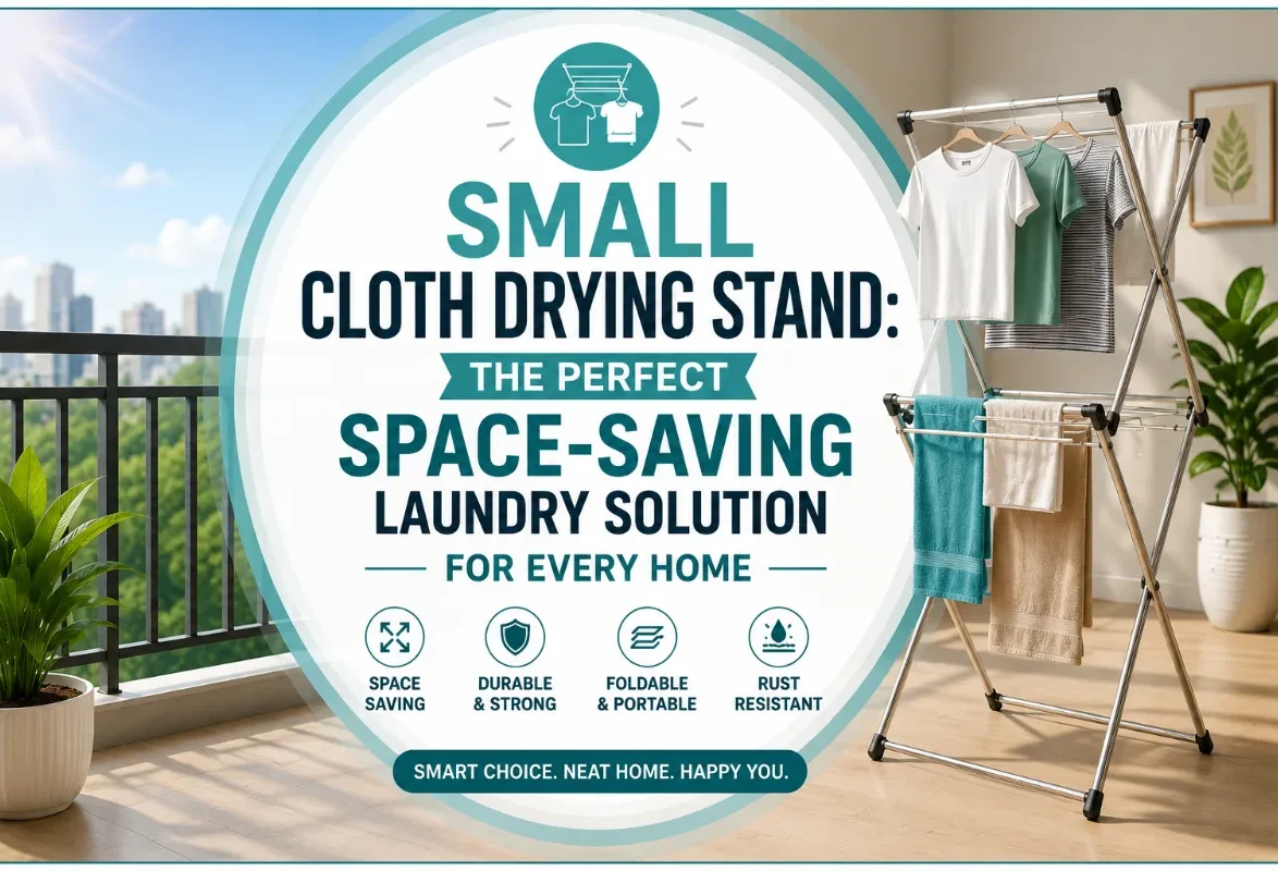 Small cloth drying stand with clothes in a compact modern home