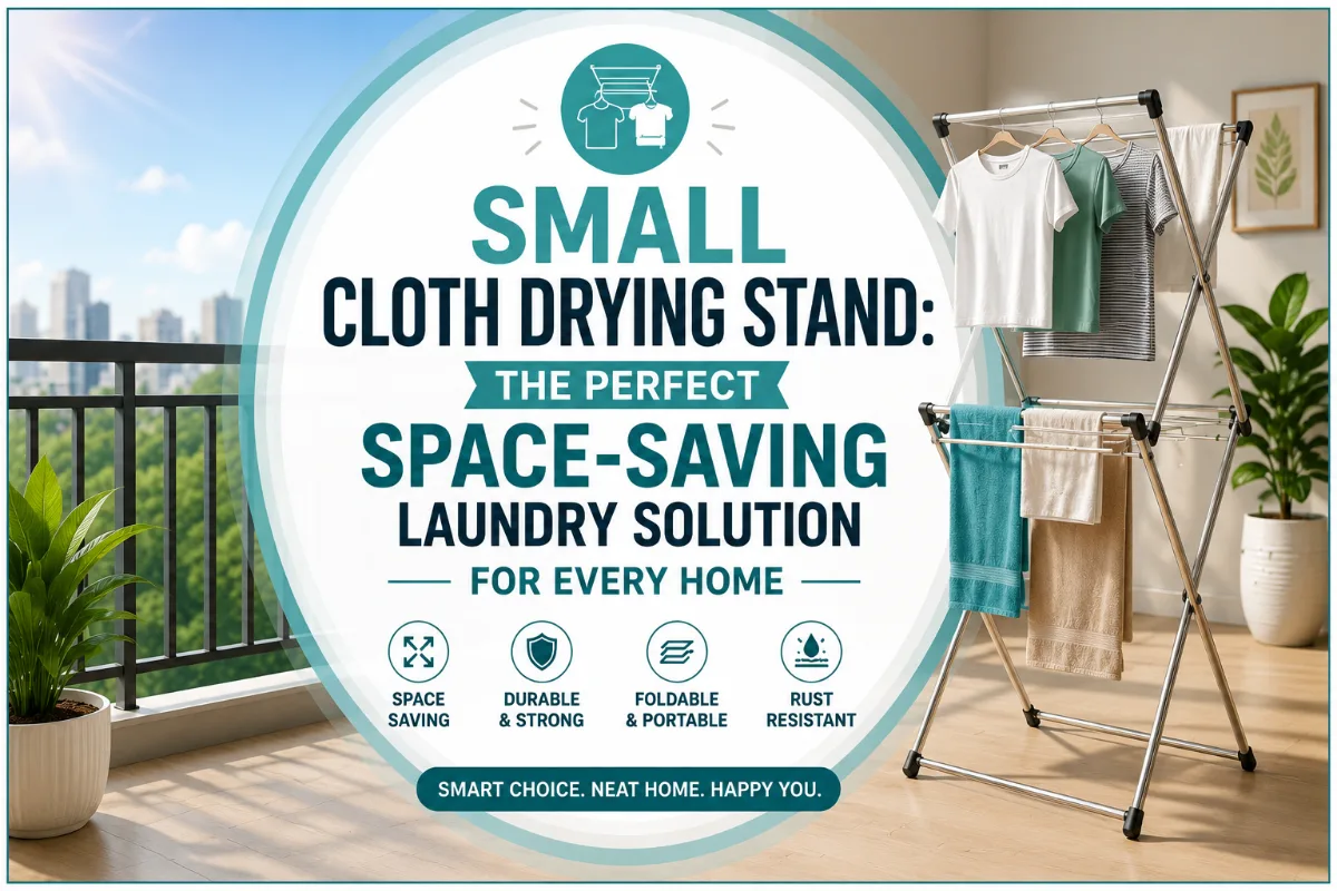 Small cloth drying stand with clothes in a compact modern home