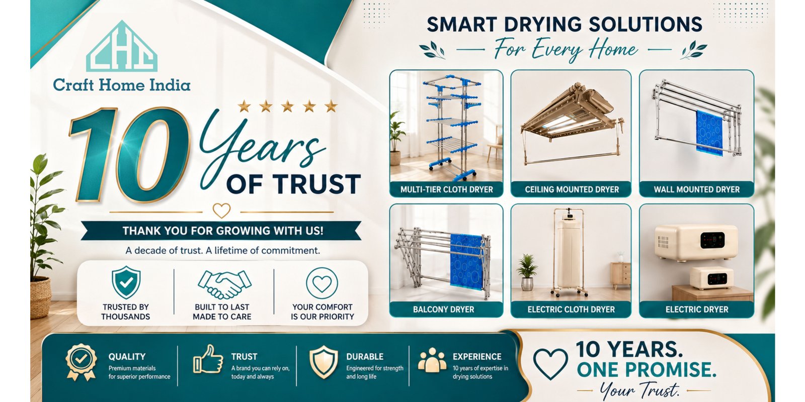 Craft Home India 10 years of trust banner featuring smart drying solutions and cloth dryers