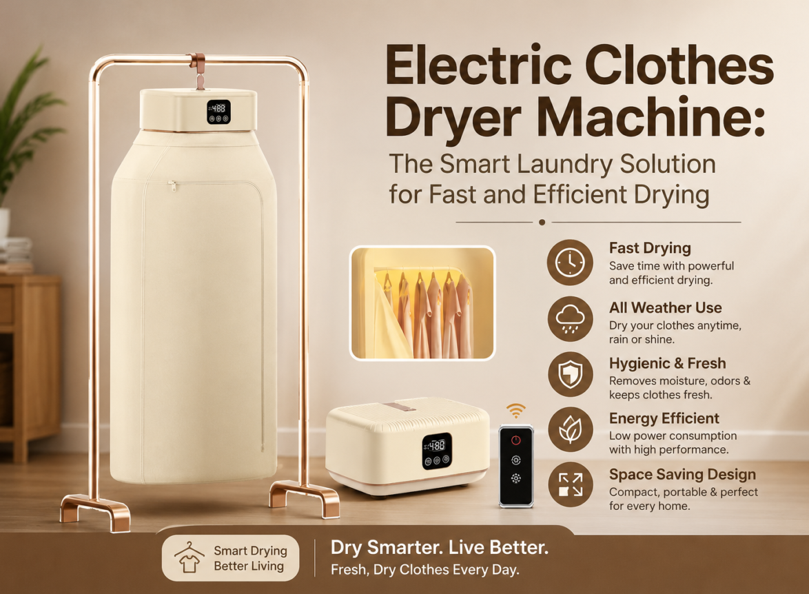 Electric clothes dryer machine with portable drying cabinet, remote control, and compact heater unit in a modern home setting for fast, efficient indoor clothes drying.
