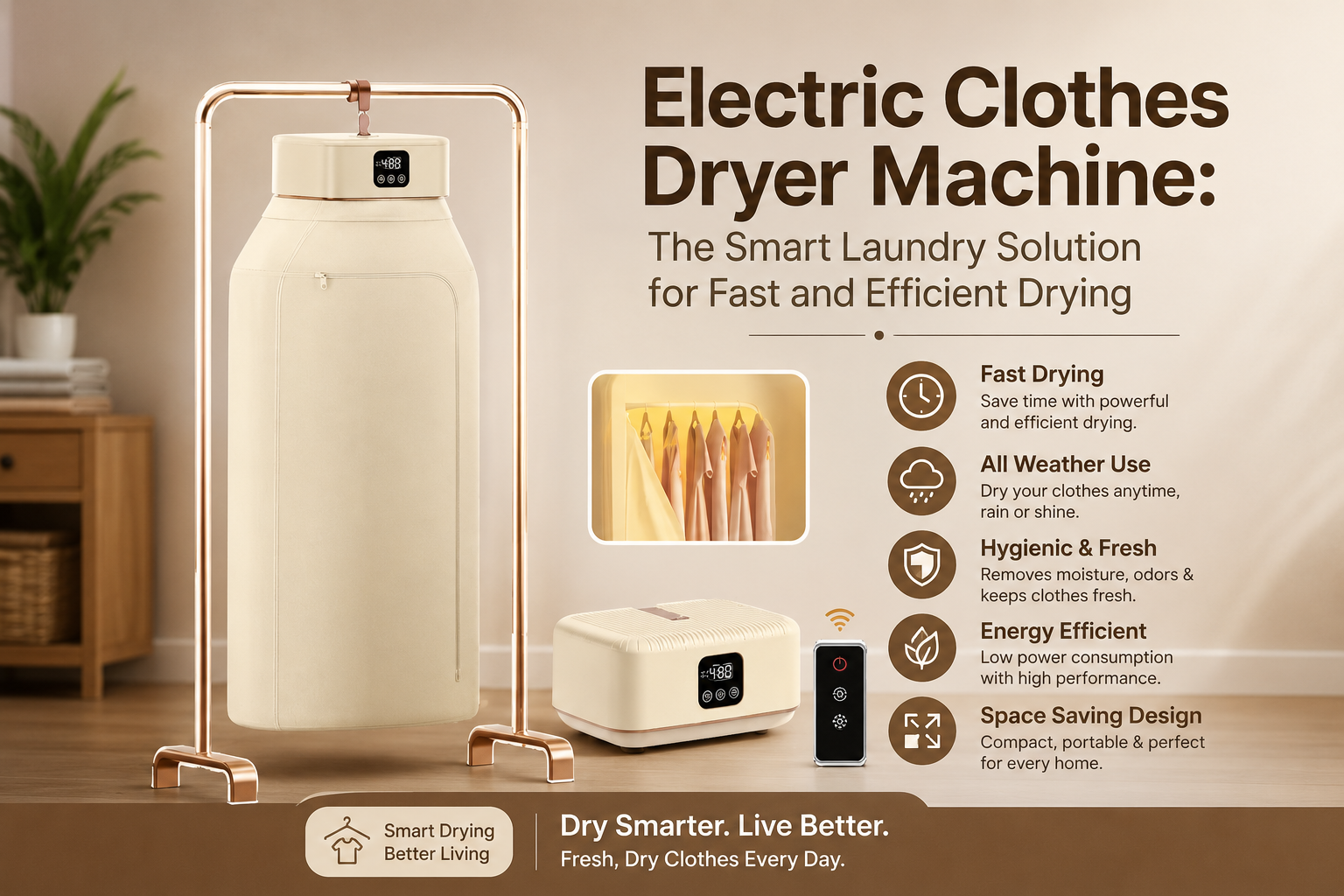 Electric clothes dryer machine with portable drying cabinet, remote control, and compact heater unit in a modern home setting for fast, efficient indoor clothes drying.