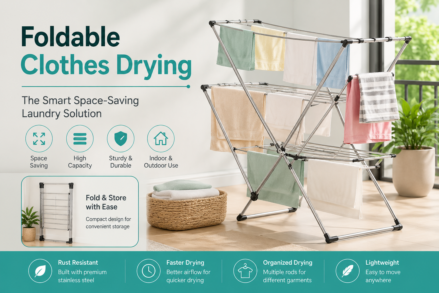 Foldable clothes drying rack for space-saving indoor and outdoor laundry