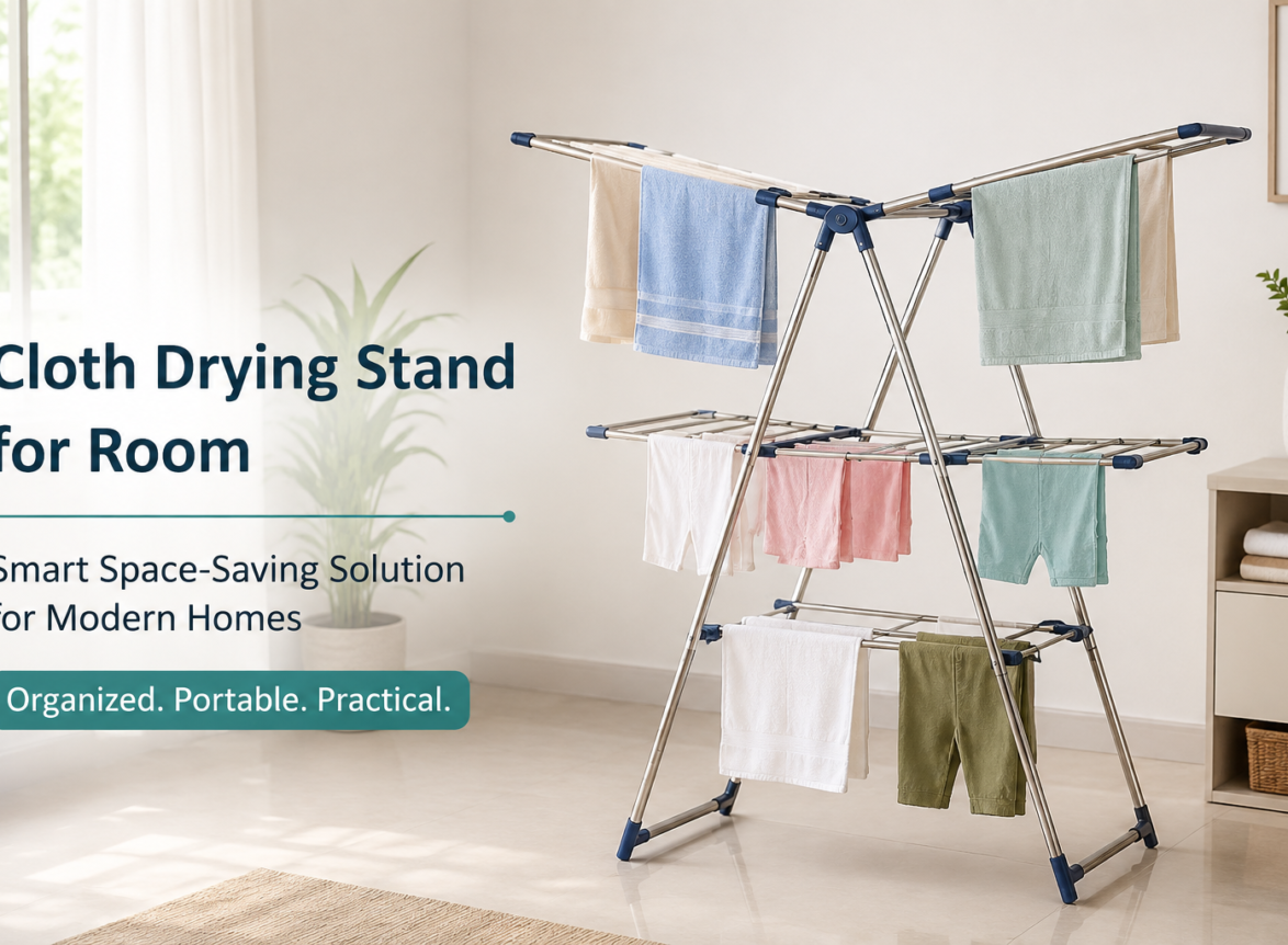 Cloth drying stand for room with clothes in a modern indoor space