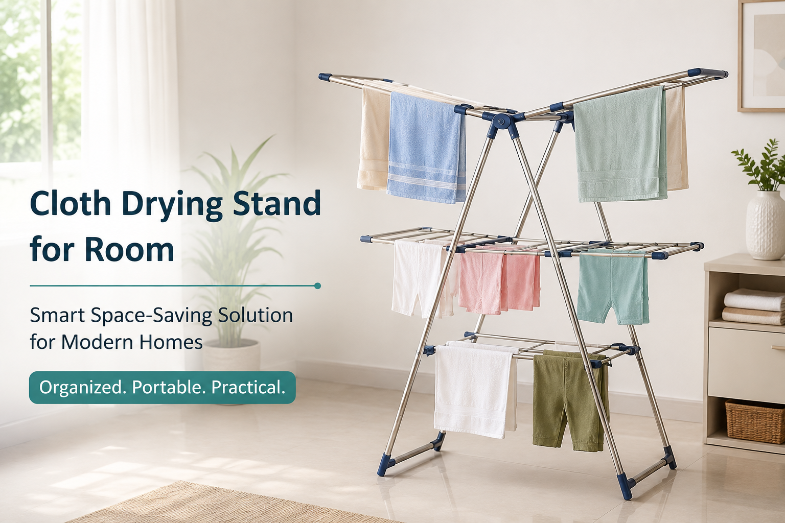 Cloth drying stand for room with clothes in a modern indoor space