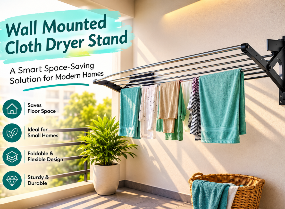 Wall mounted cloth dryer stand with clothes on a balcony