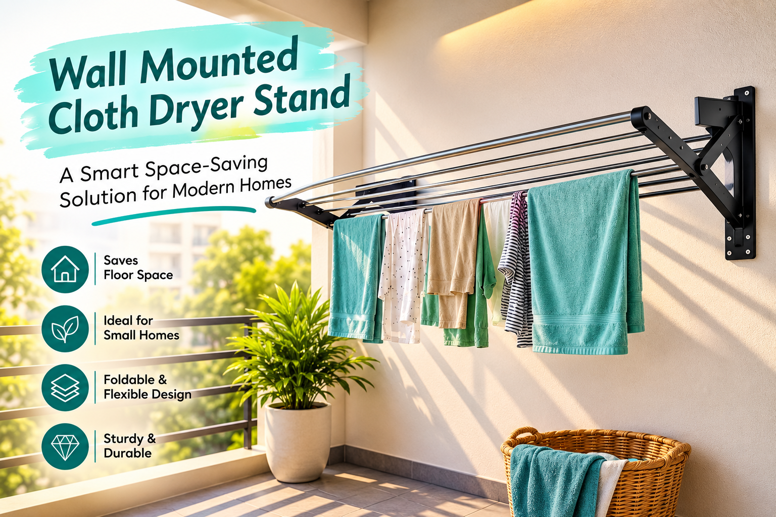 Wall mounted cloth dryer stand with clothes on a balcony