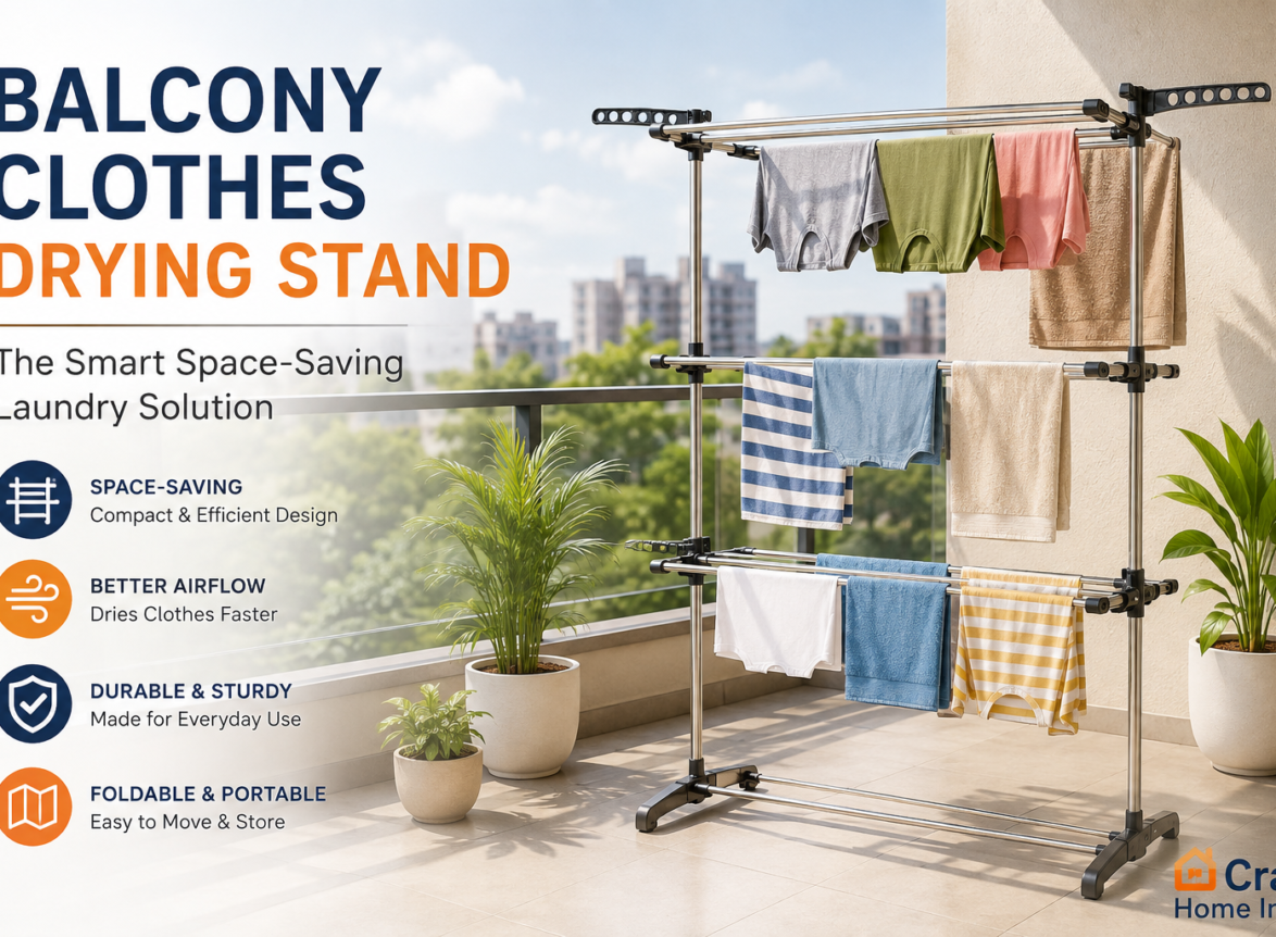 Balcony clothes drying stand with clothes hanging in a sunny apartment balcony