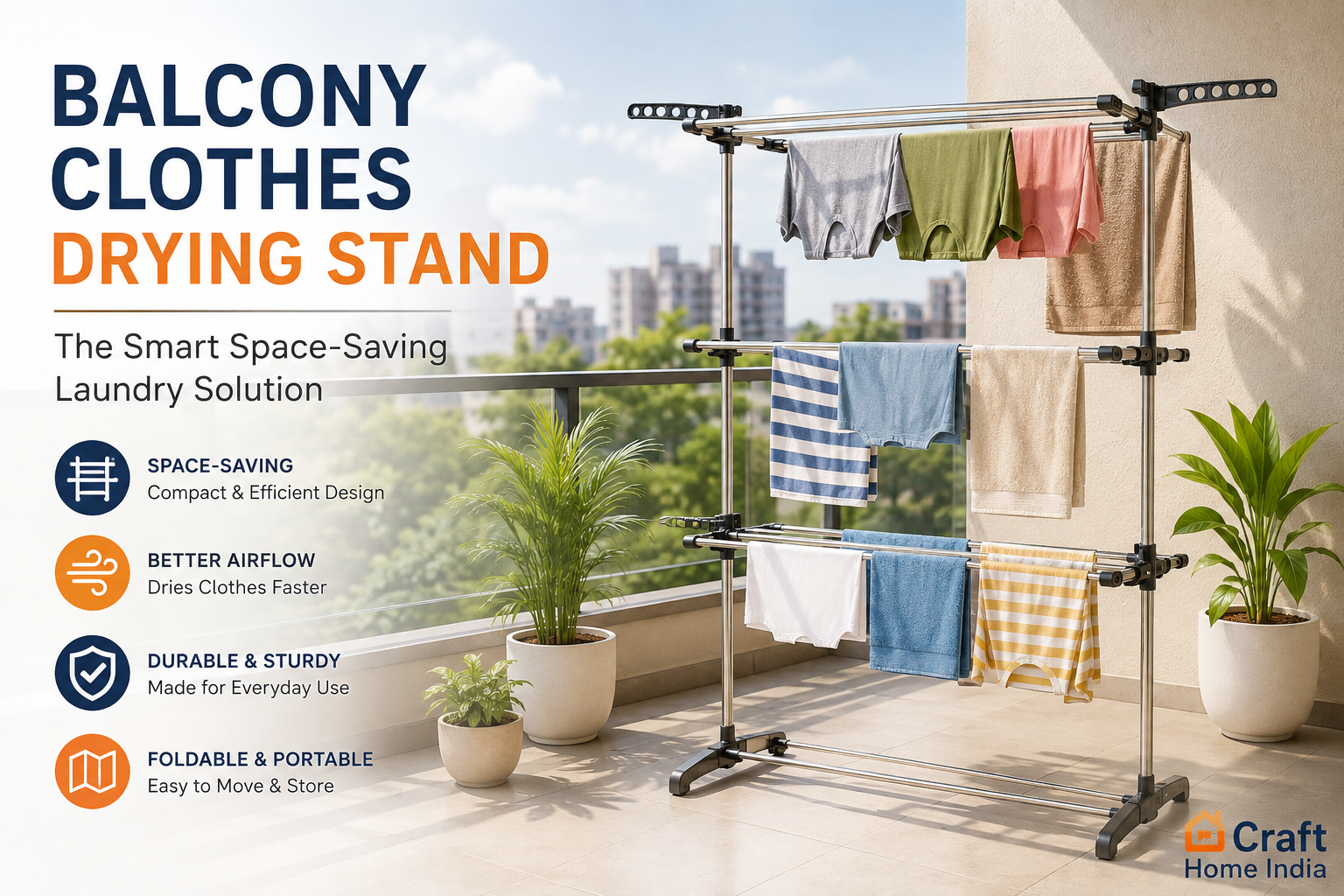 Balcony clothes drying stand with clothes hanging in a sunny apartment balcony
