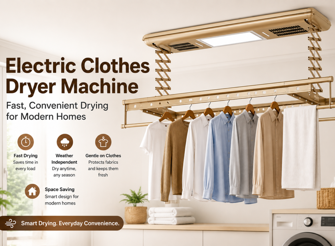Electric clothes dryer machine with ceiling-mounted drying rack and hanging clothes in a modern laundry room