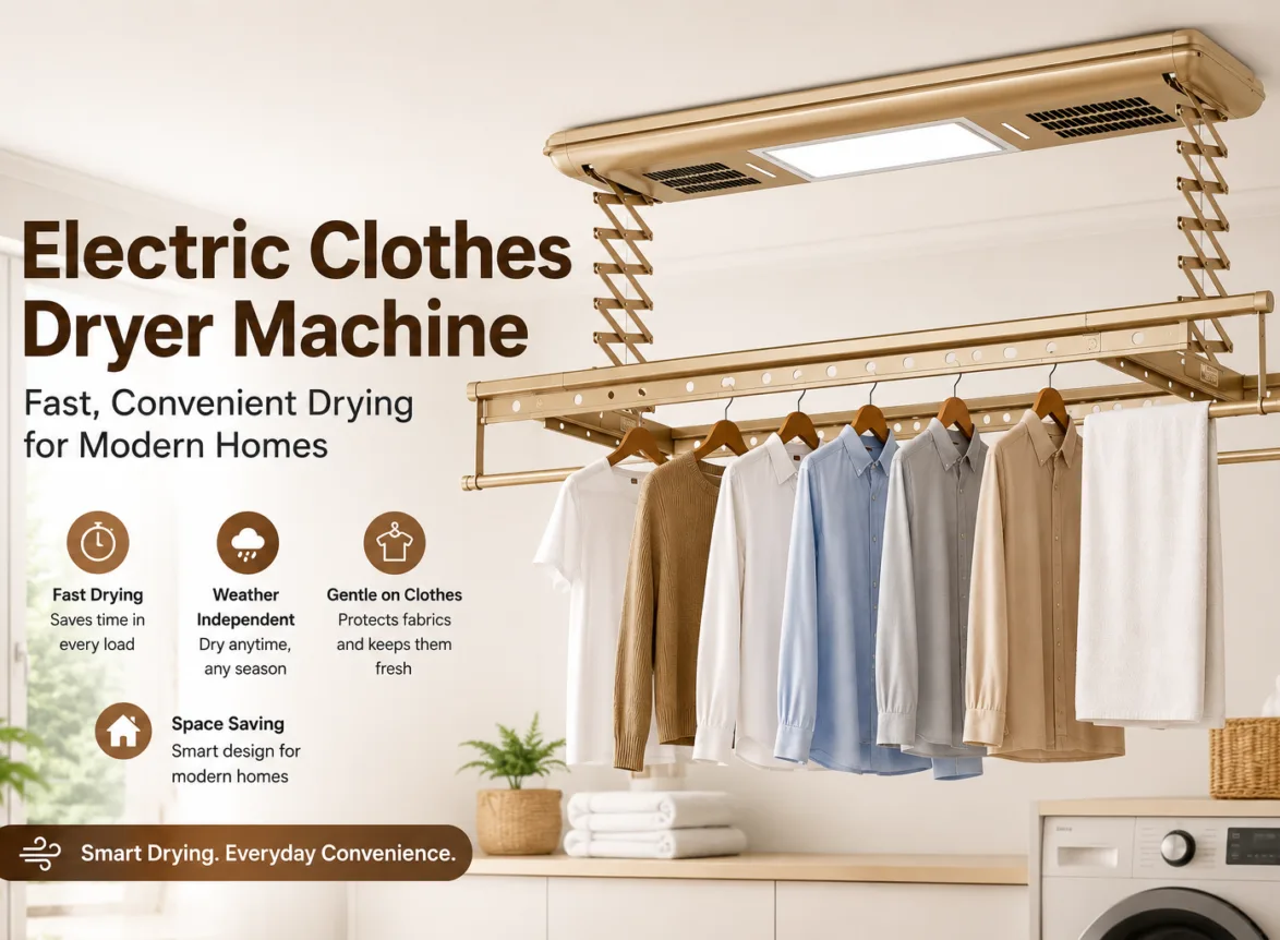 Electric clothes dryer machine with ceiling-mounted drying rack and hanging clothes in a modern laundry room