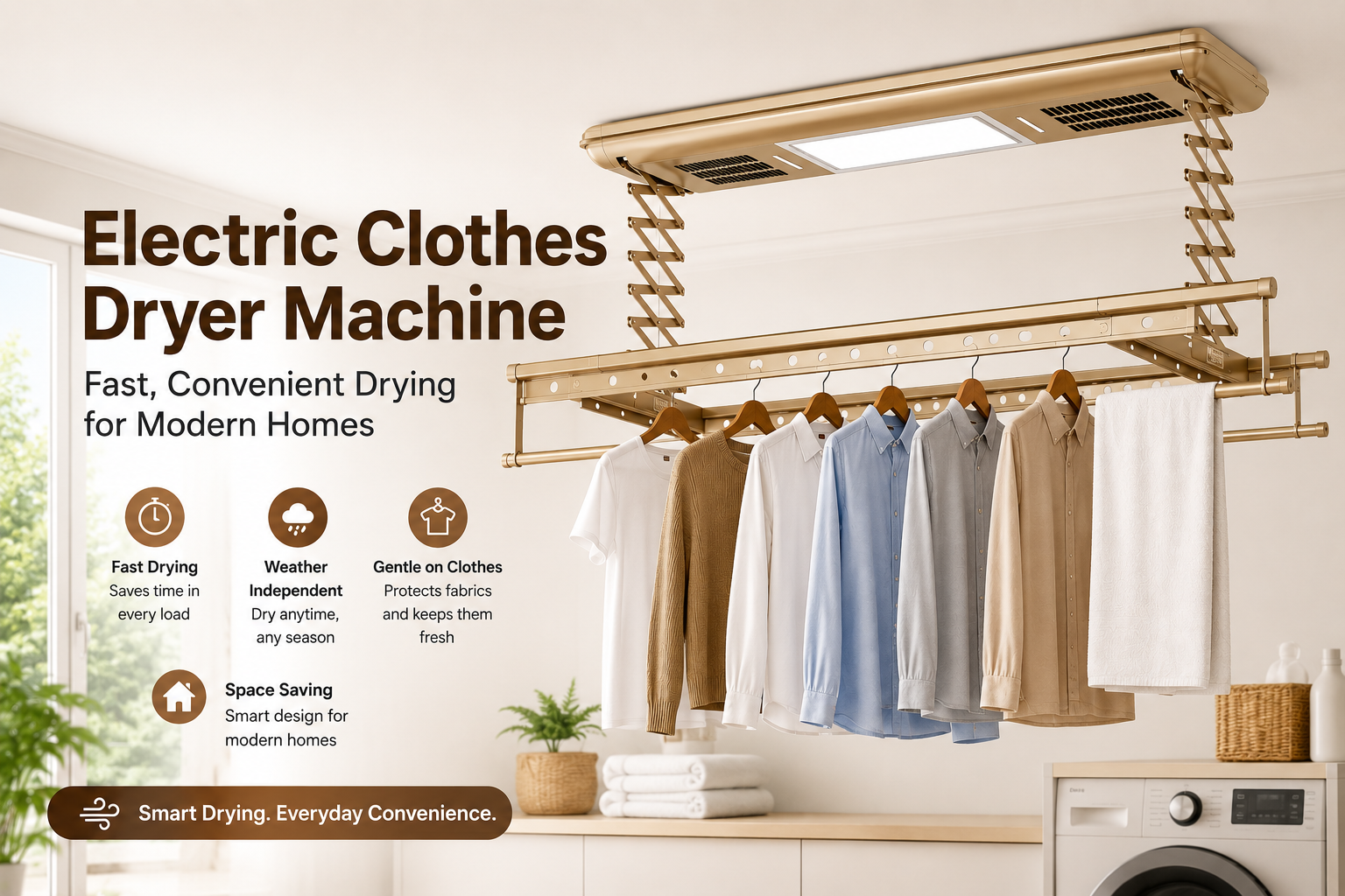 Electric clothes dryer machine with ceiling-mounted drying rack and hanging clothes in a modern laundry room