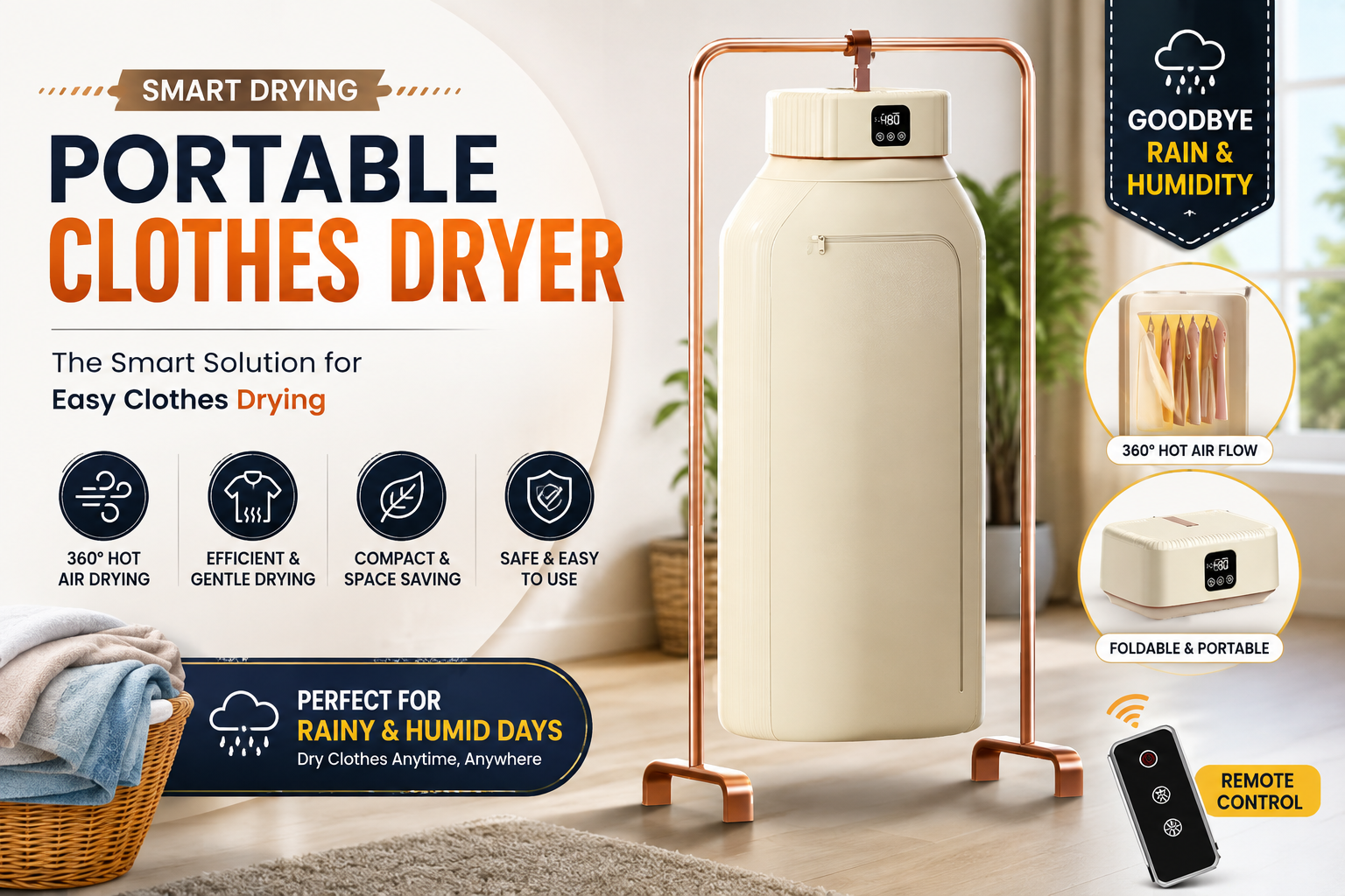 Portable clothes dryer for easy and space-saving clothes drying