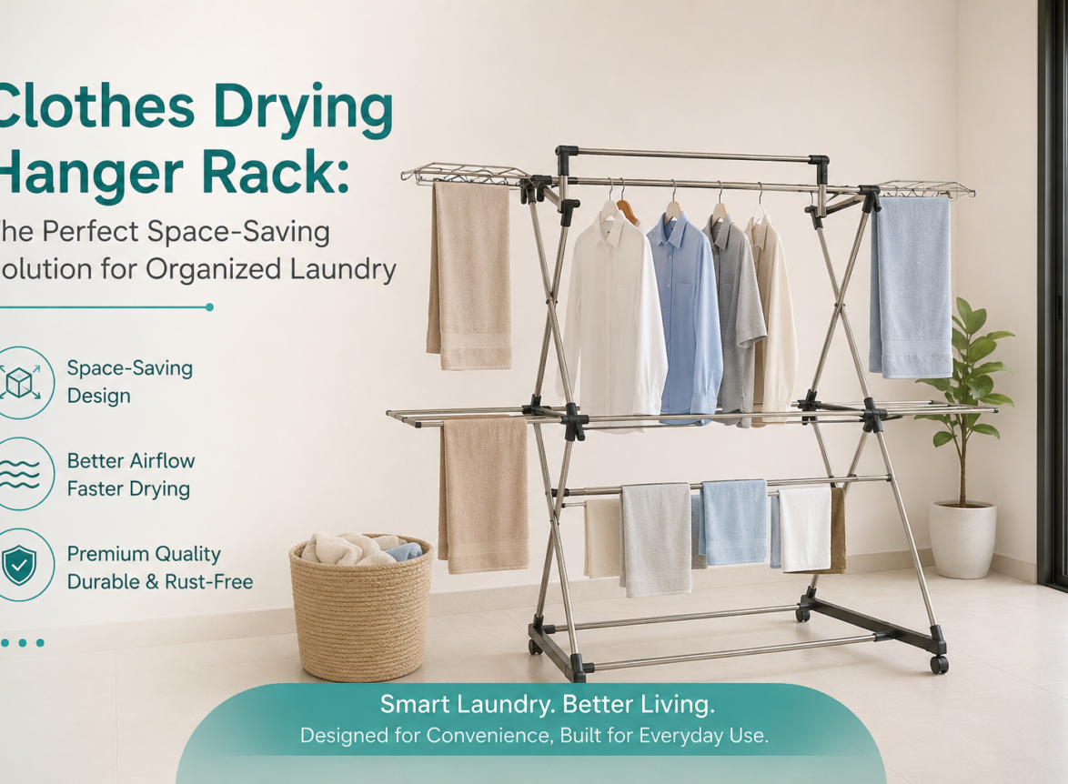 Stainless steel clothes drying hanger rack with multiple hanging rods in a modern home, showcasing a space-saving laundry drying solution.