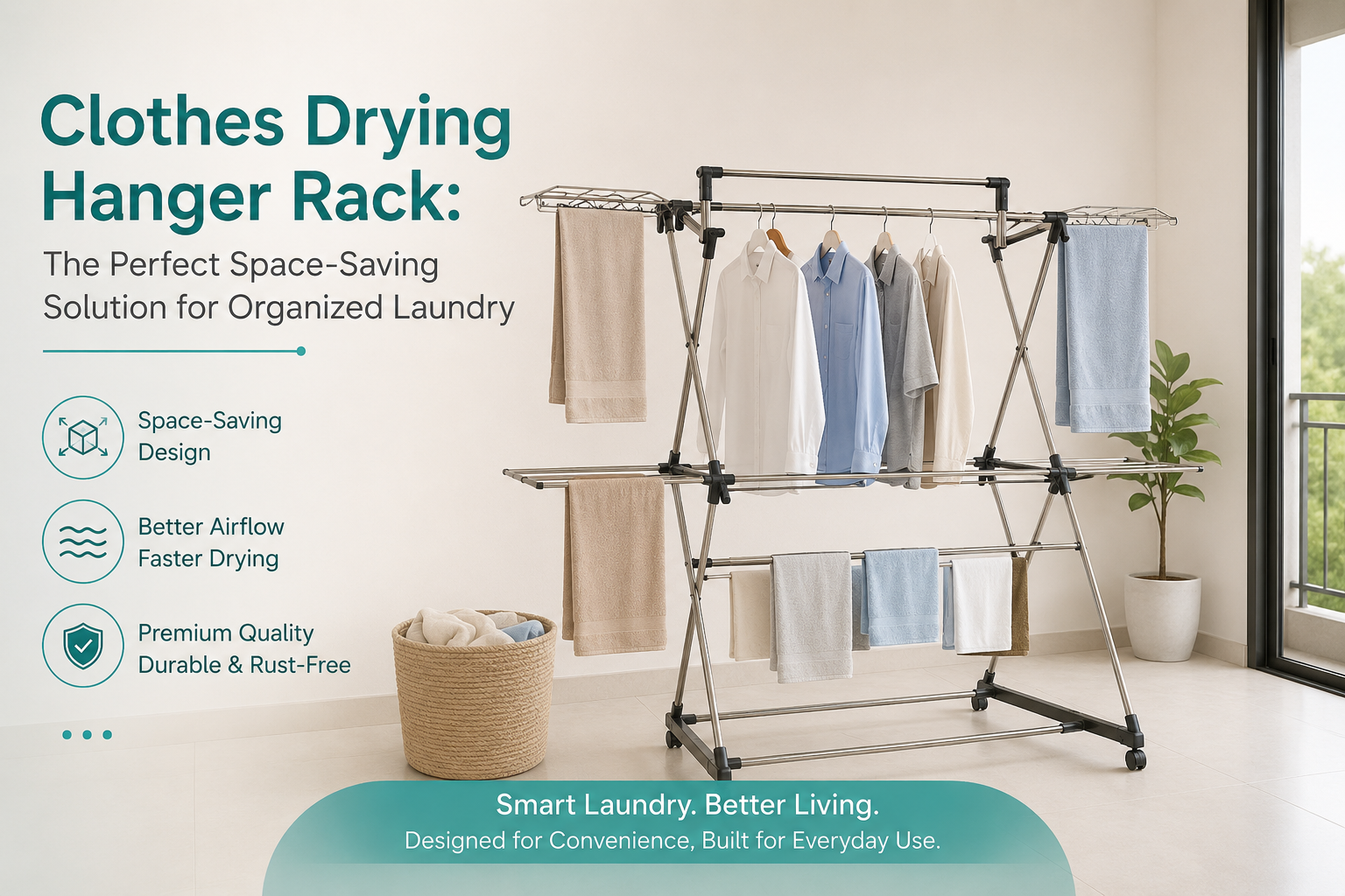 Stainless steel clothes drying hanger rack with multiple hanging rods in a modern home, showcasing a space-saving laundry drying solution.
