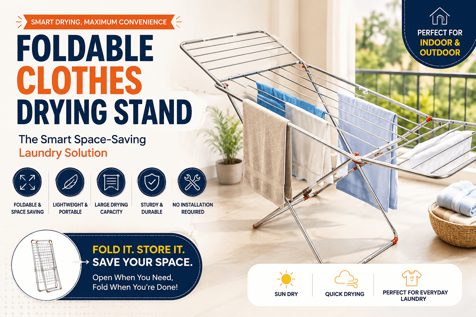 Foldable clothes drying stand for space-saving indoor and outdoor laundry drying