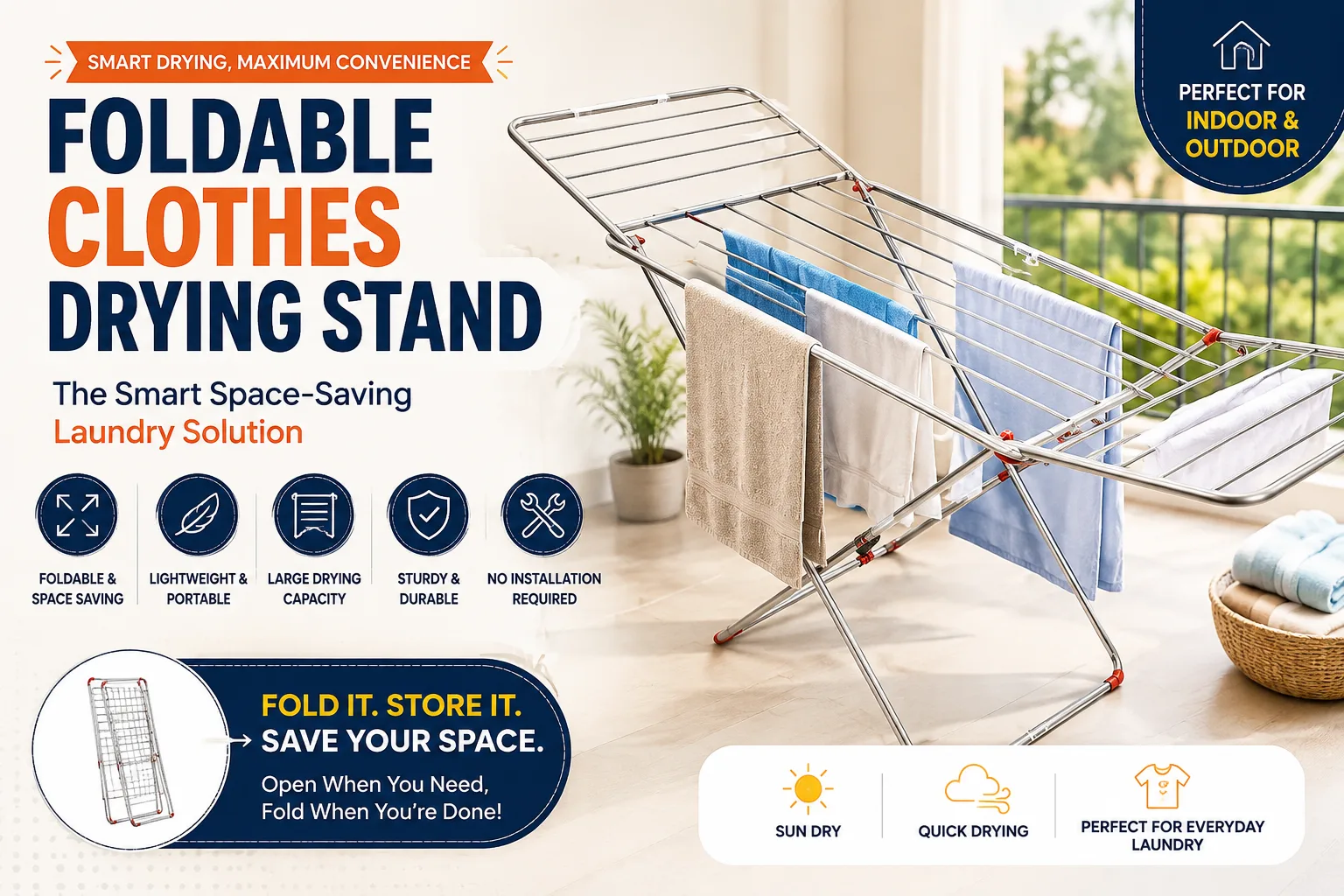 Foldable clothes drying stand for space-saving indoor and outdoor laundry drying
