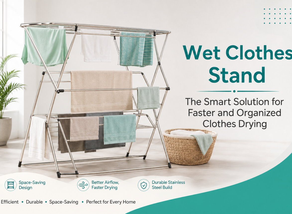 Premium stainless steel wet clothes stand with multiple drying rods in a modern home, showcasing a space-saving clothes drying solution for faster and organized laundry drying.