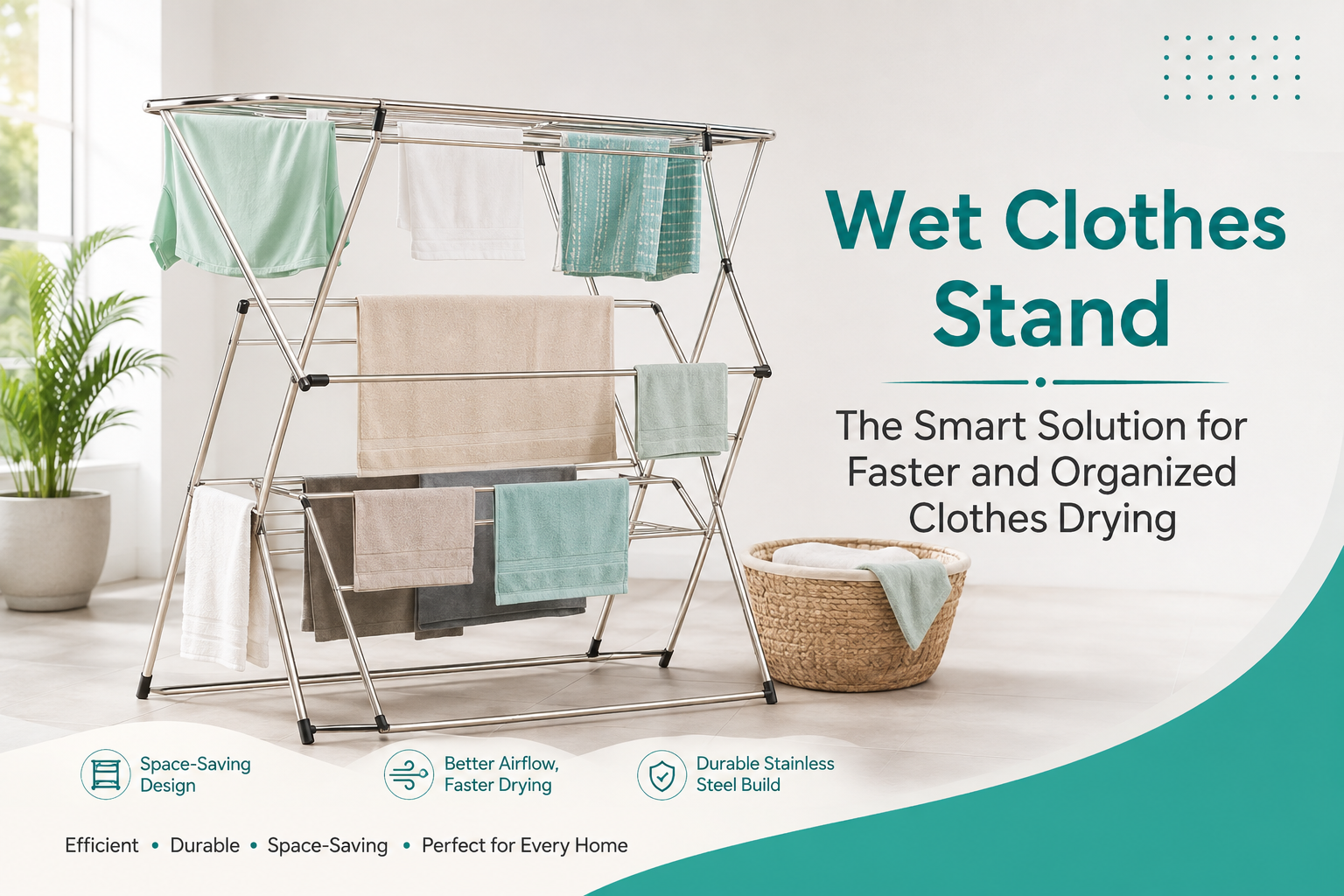 Premium stainless steel wet clothes stand with multiple drying rods in a modern home, showcasing a space-saving clothes drying solution for faster and organized laundry drying.