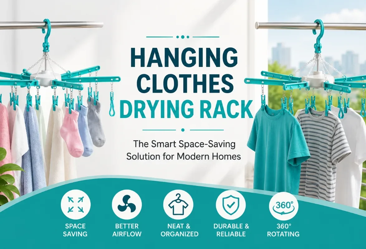 Hanging clothes drying rack with clothes in a modern balcony