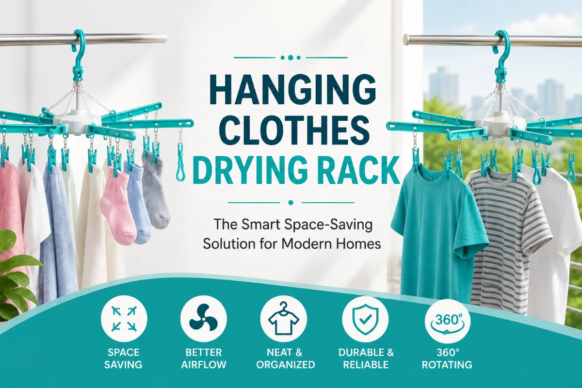 Hanging clothes drying rack with clothes in a modern balcony