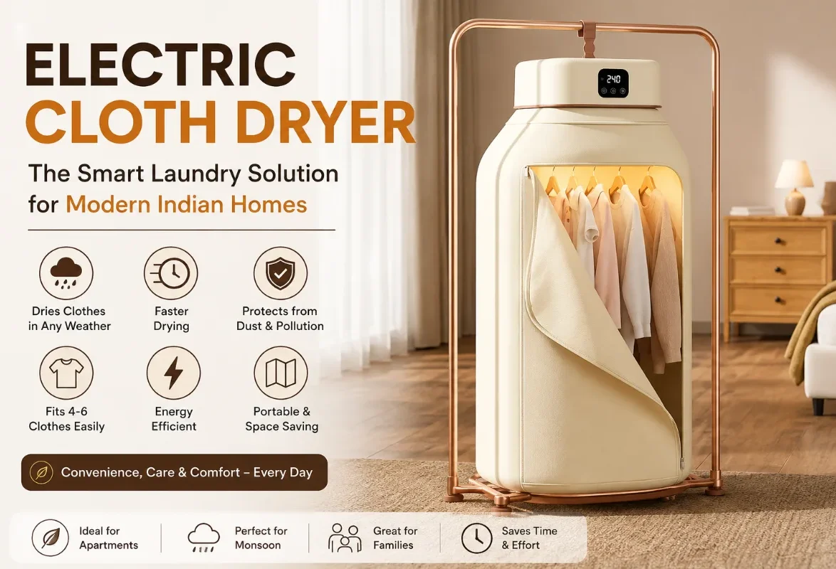 Electric cloth dryer drying clothes indoors in a modern home