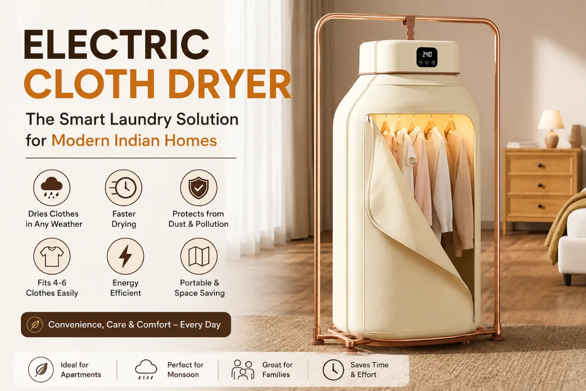 Electric cloth dryer drying clothes indoors in a modern home