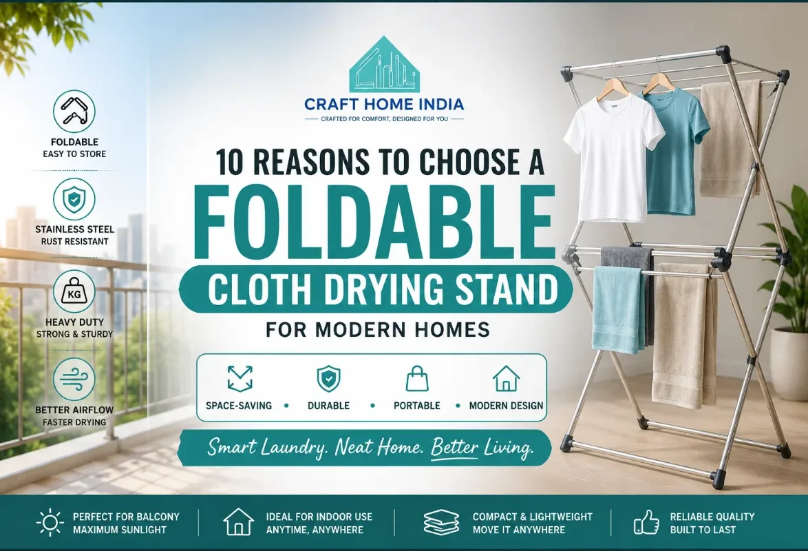 Foldable cloth drying stand with clothes in a modern home