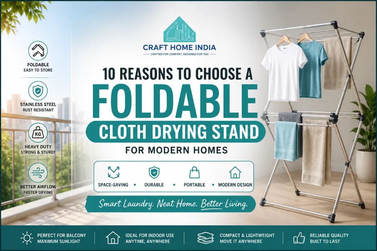 Foldable cloth drying stand with clothes in a modern home